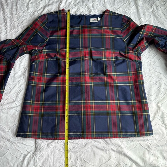 Vineyard Vines Plaid Shirt with Flared Ruffle Sleeves Navy Red Christmas Style - Picture 5 of 6